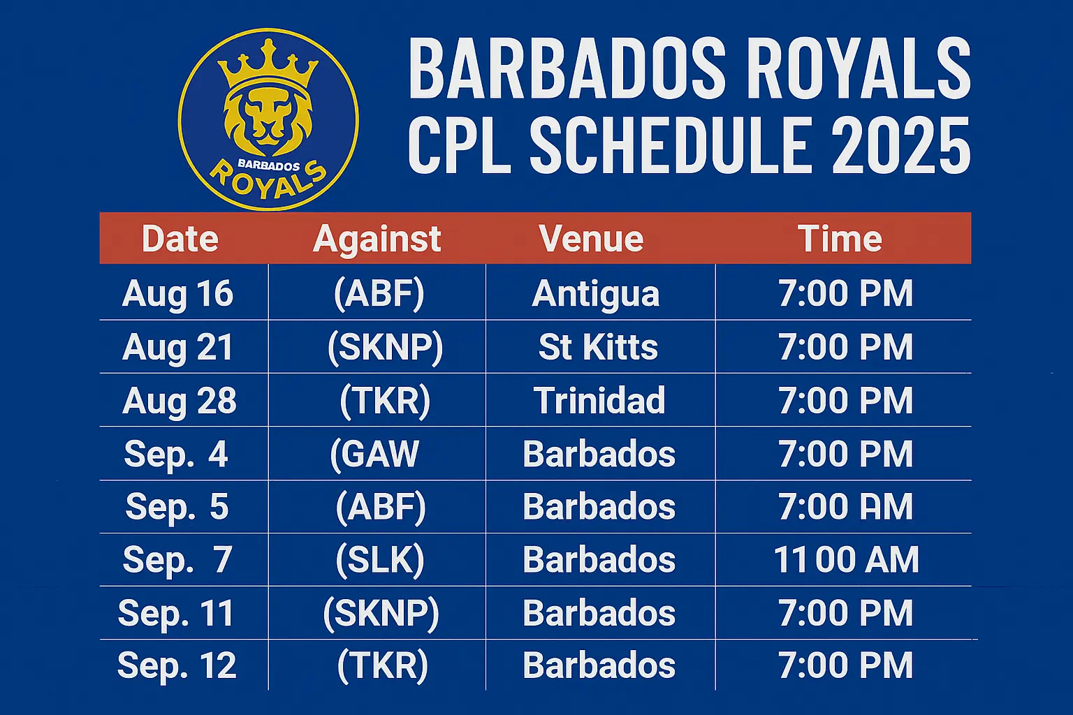 Barbados Royals Schedule