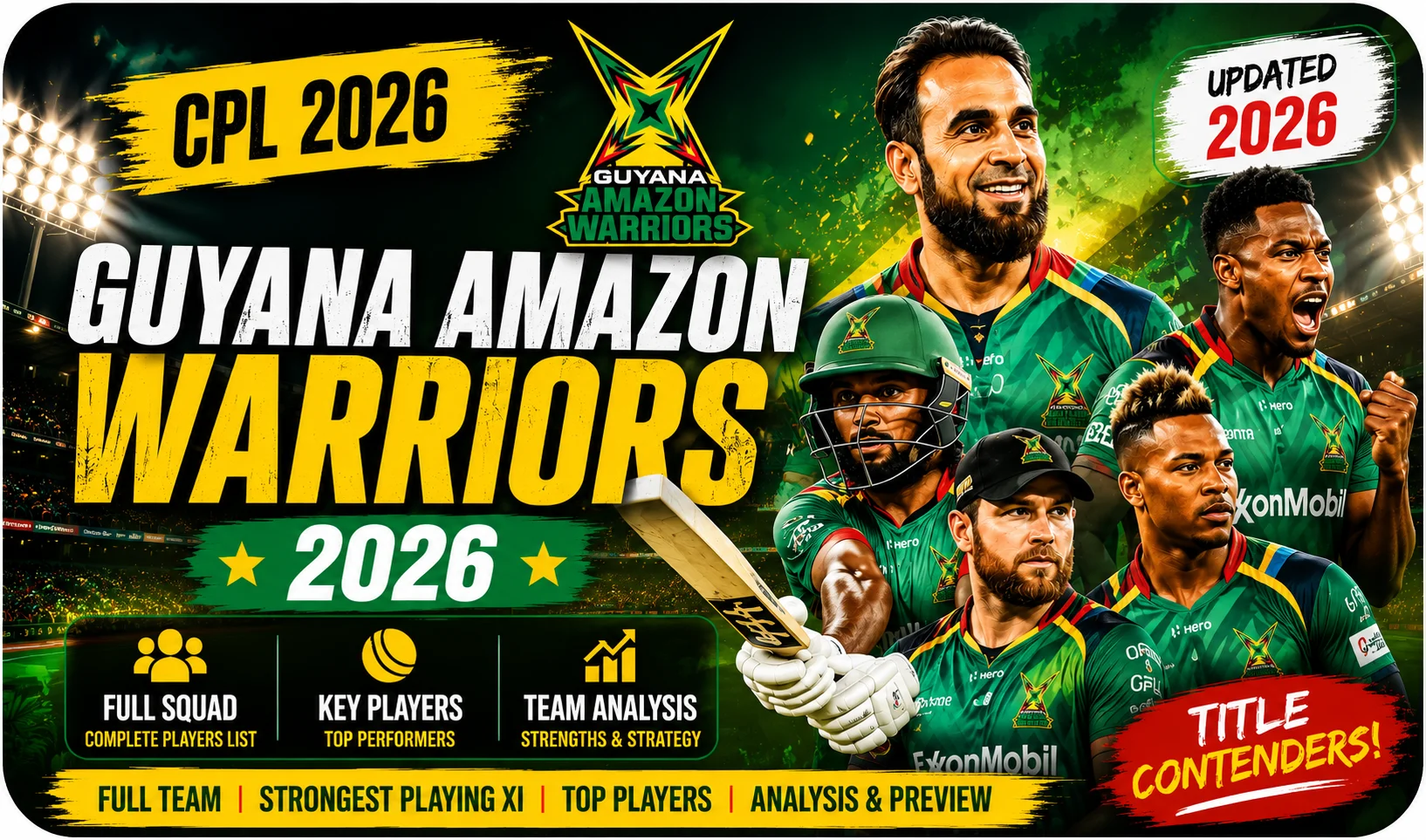 Guyana Amazon Warriors 2026 squad featured image with CPL players, overseas stars, and team analysis
