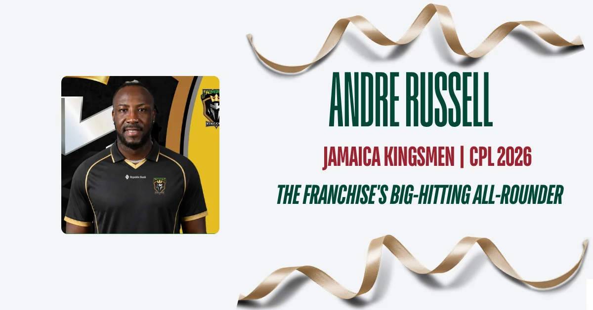 Andre Russell in Jamaica Kingsmen kit preparing to bat during CPL 2026