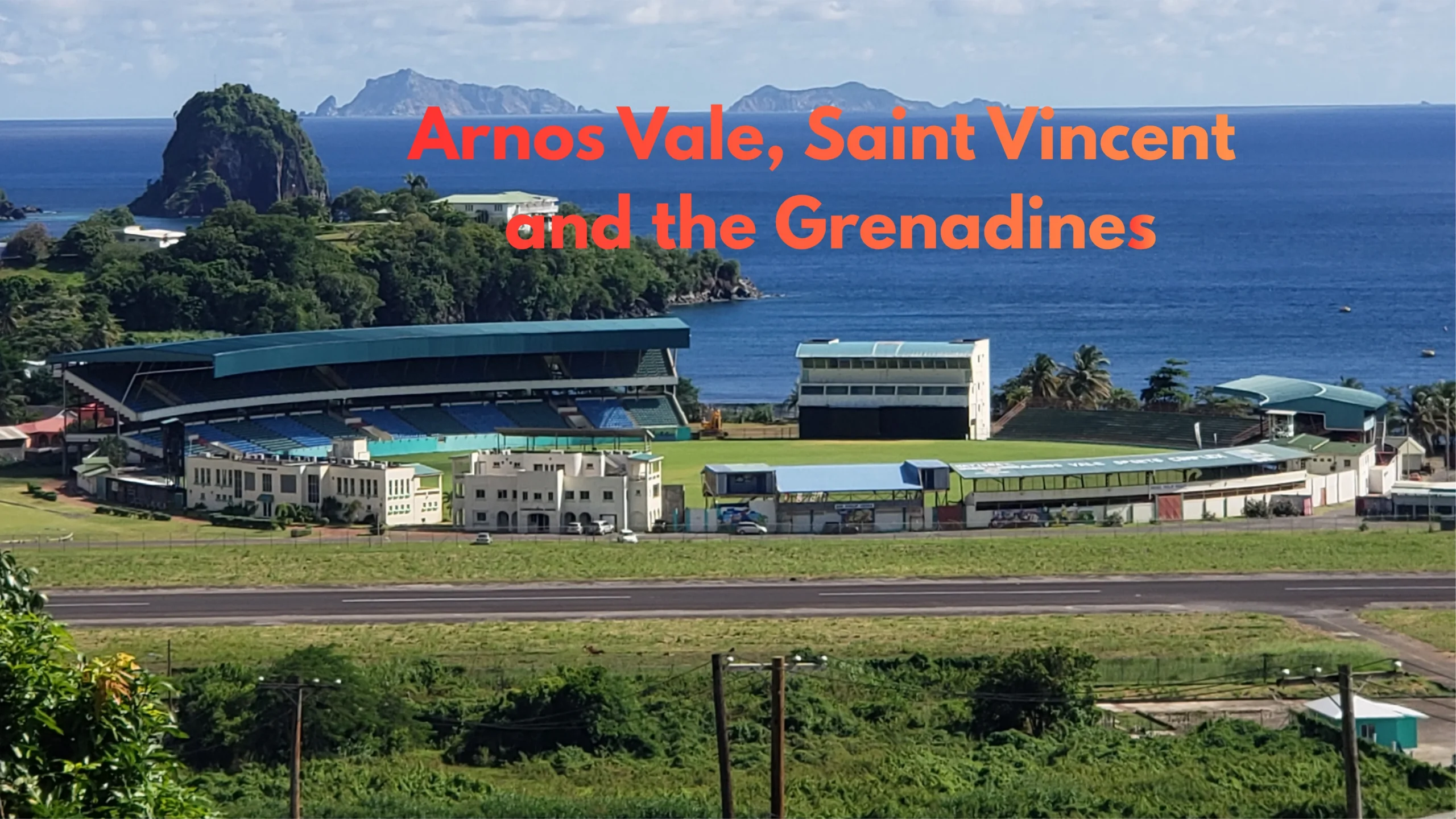 Arnos Vale Ground aerial view with Caribbean Sea backdrop, St Vincent